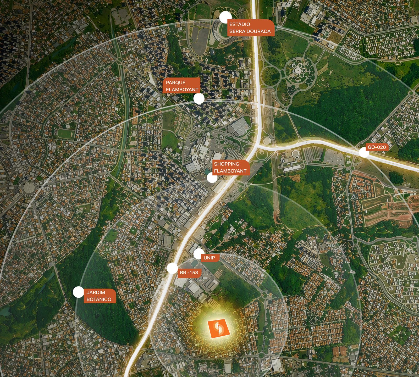 Mapa oficial de localização do Surya By Palme no Jardim da Luz: Jardim Botânico, Parque e Shopping Flamboyant, UNIP, BR-153, GO-020 e Estádio Serra Dourada